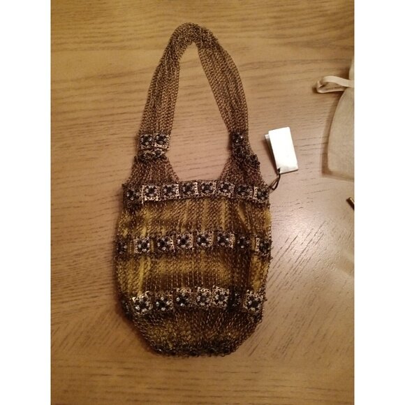 Kenny Ma Metal Mesh Swarovski Flower Beaded Handbag Purse Bag Bronze Clutch New